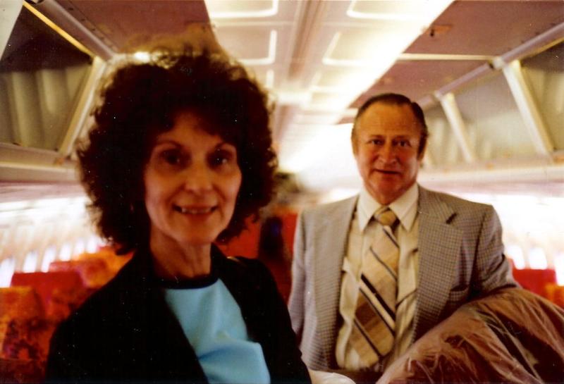 Mabel and Clarence Larson aboard a PSA plane in 1977