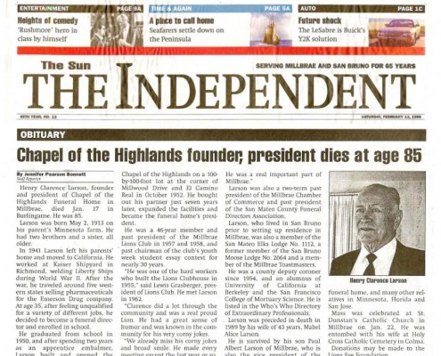 Obituary for Clarence Larson in the Sun/Independent Saturday, February 13, 1999