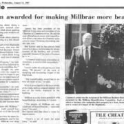 August 12, 1987 newspaper clipping about Clarence Larson receiving Millbrae’s Most Beautiful Business Award.