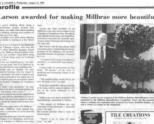 August 12, 1987 newspaper clipping about Clarence Larson receiving Millbrae’s Most Beautiful Business Award.