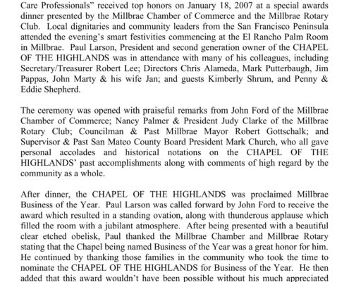 Page 1 of 3 of the 2007 Chapel of the Highlands Millbrae Business of the Year story.