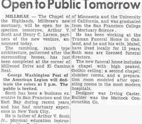 Article in the Burlingame Advance-Star Saturday, October 4, 1952