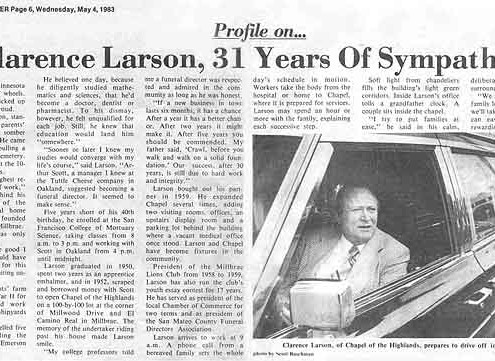 Profile on Clarence Larson in the Millbrae Sun Wednesday, May 4, 1983