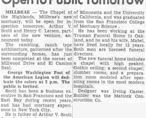 Article in the Burlingame Advance-Star Saturday, October 4, 1952