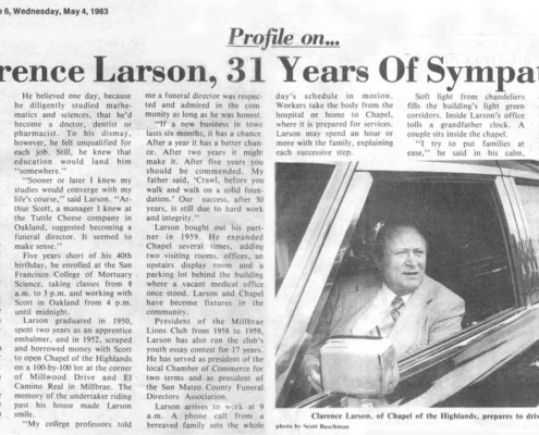 Profile on Clarence Larson in the Millbrae Sun Wednesday, May 4, 1983