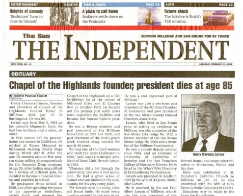 Obituary for Clarence Larson in the Sun/Independent Saturday, February 13, 1999